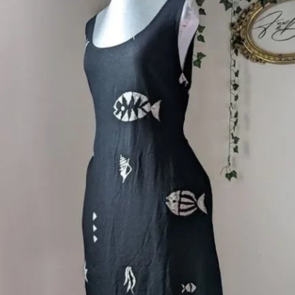 Connie Choi Vintage 90s Black Fish Print Mini Dress Hawaii Coastal Goth Retro L - Picture 2 of 5